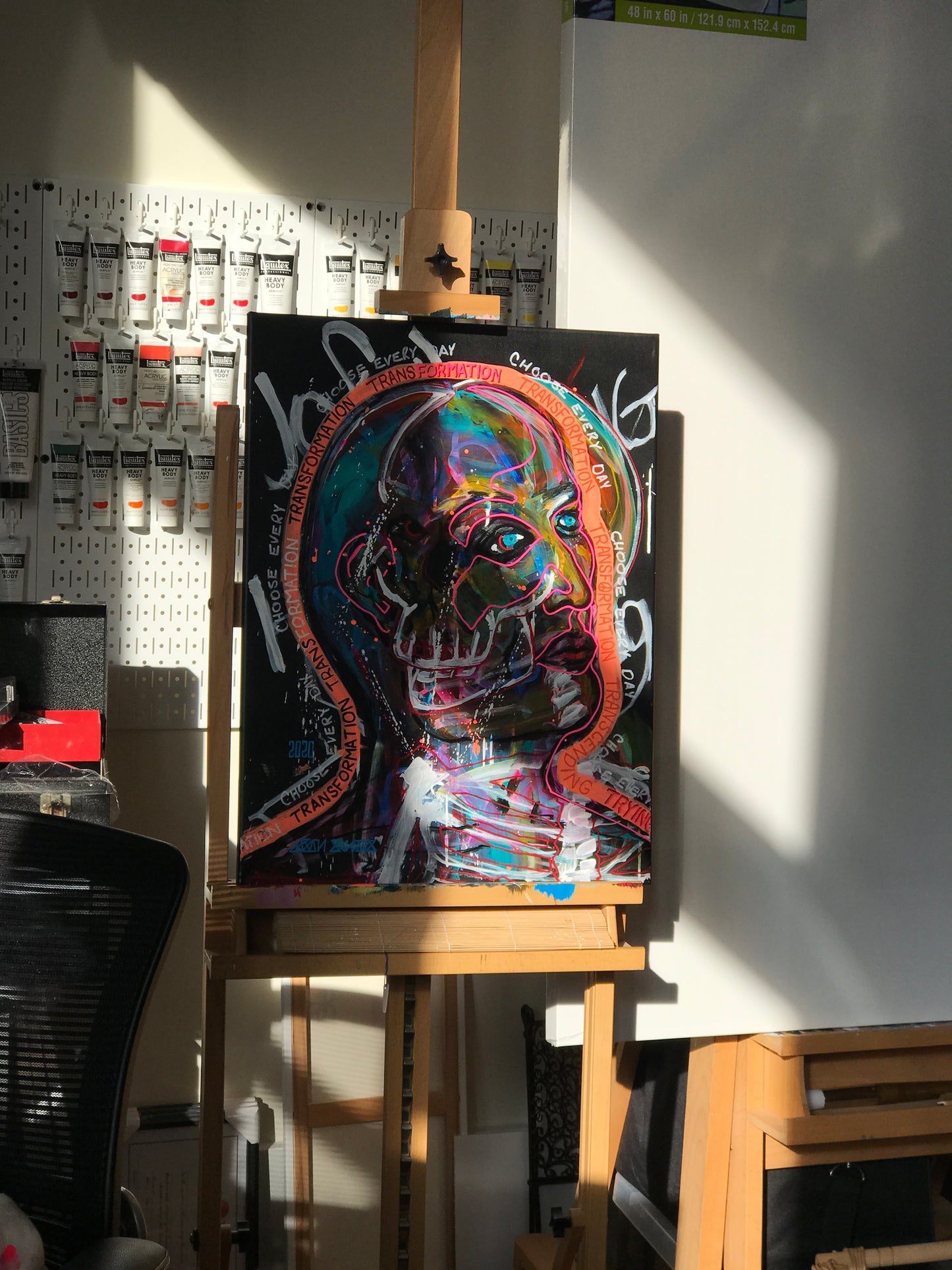 ‘CHOOSE EVERY DAY’ Original painting. This original expressionist painting is acrylic on 18x24” stretched canvas. Artwork shown on my easel in my art studio.