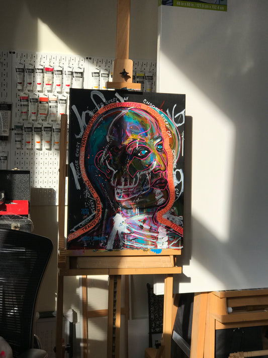 ‘CHOOSE EVERY DAY’ Original painting. This original expressionist painting is acrylic on 18x24” stretched canvas. Artwork shown on my easel in my art studio.