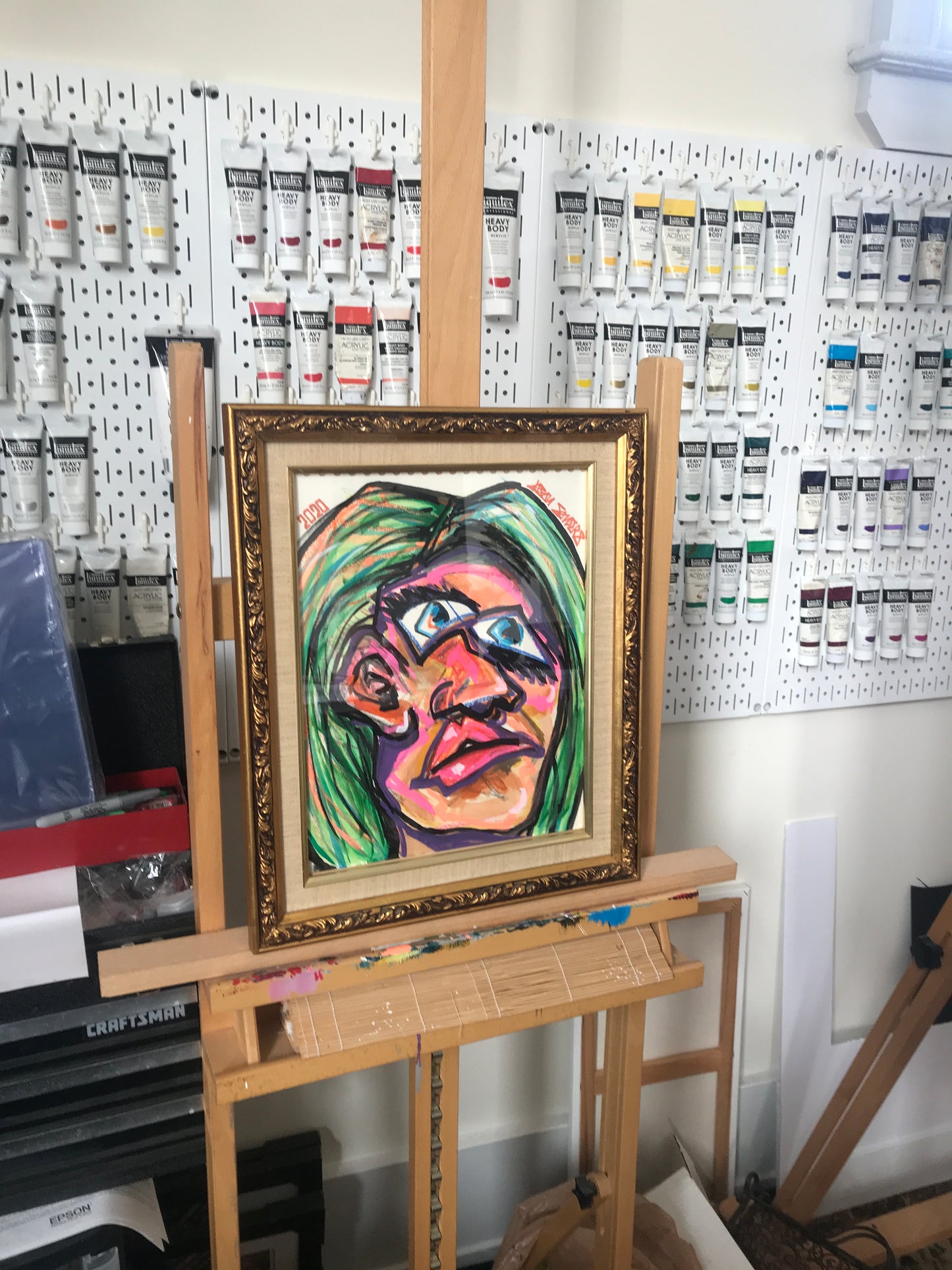'BAD CHOICES' 11x14" Original painting. This mixed media abstract portrait is oil pastel and acrylic on stonehenge paper. The painting is beautifully displayed in a gilded frame. Artwork shown on my easel in my art studio.
