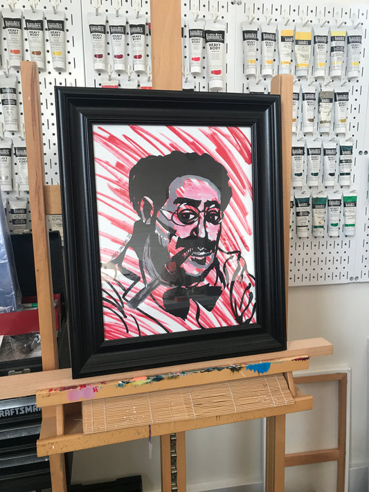 'GROUCHO MARX' original framed painting. This painting is acrlic on Bristol. This original piece of art is 11x14, but is 14.75x17.75" including the dimensions of the frame. Artwork shown on my easel in my art studio.