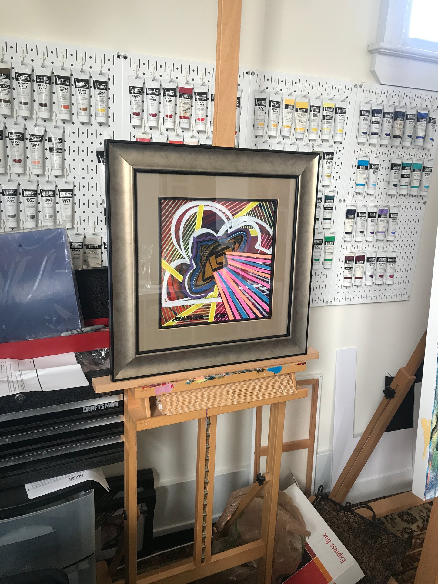 'EMERGING' Original painting. This original abstract expressionist painting is acrylic on 12x12" cardboard. The painting is framed, wired and ready to hang on your wall. Artwork shown on my easel in my art studio.