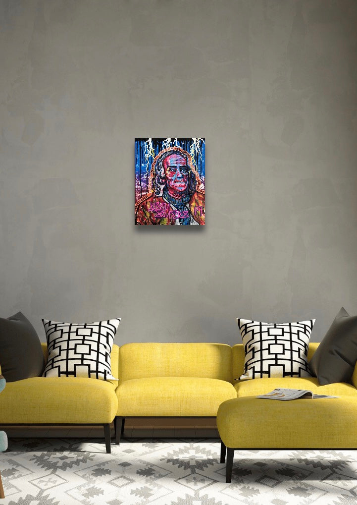 Original Acrylic Painting entitled "ENLIGHTENED" features a portrait of Benjamin Franklin. Acrylic Painting on 16x20 stretched canvas. Shown hanging on a wall.
