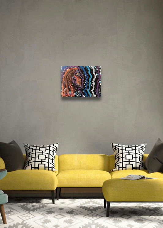 This portrait features pop star, singer songwriter, recording artist Maggie Rogers and is entitled ‘LIGHT ON’. This original painting is acrylic on a 20x16” stretched canvas. Artwork shown hanging on a wall.