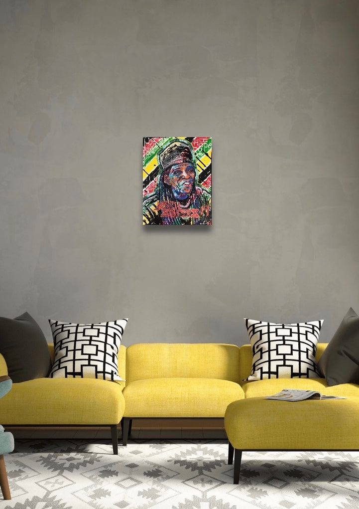 This portrait features Hannibal Lokumbe and is titled 'GIVING (HOPE)'. This is an acrylic painting on a 16x20 stretched canvas. Shown hanging on a wall.