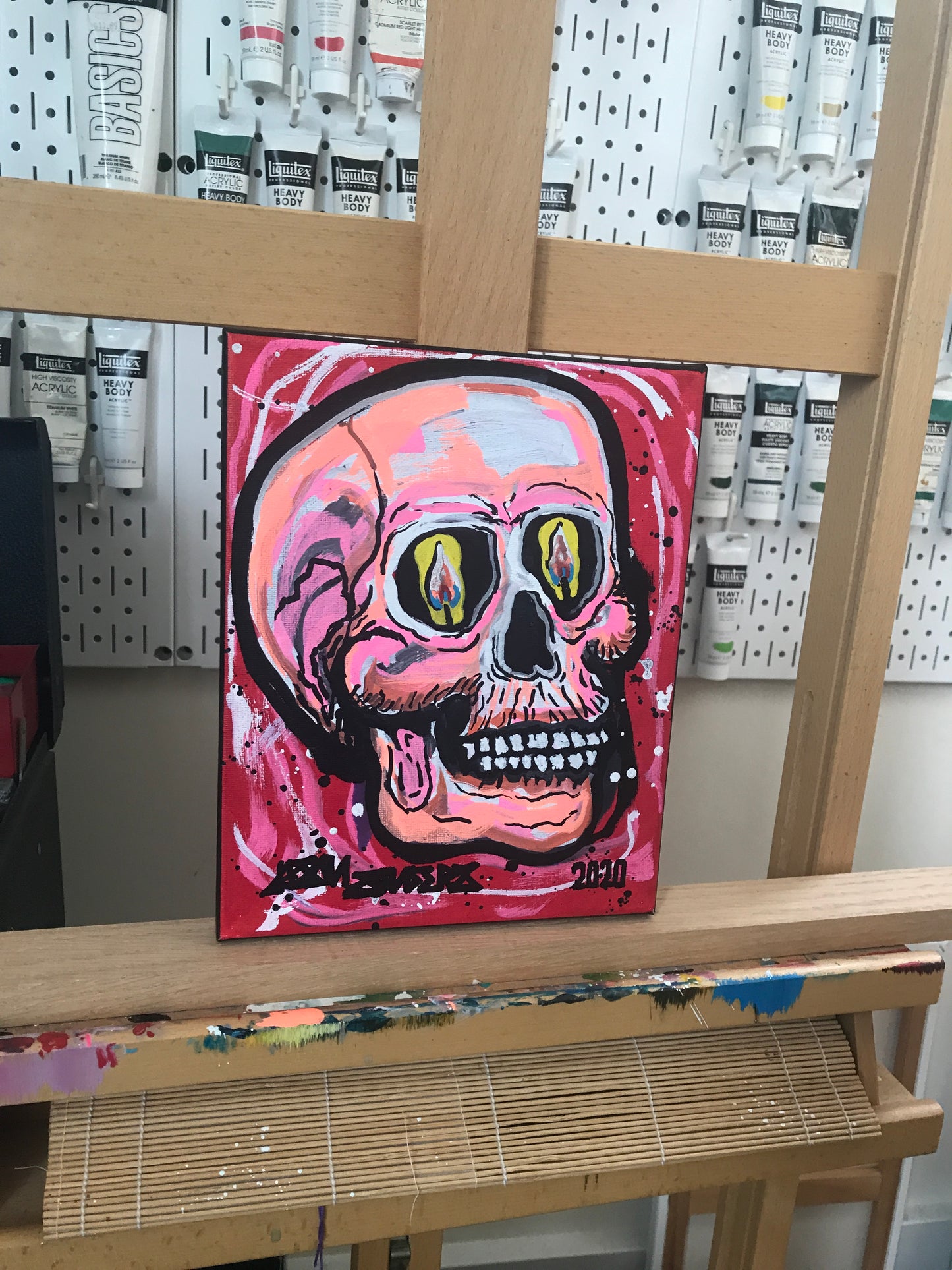 ‘LQQKING’ Original painting. This original portrait is acrylic on 8x10” stretched canvas. Pictured on my easel in my studio.