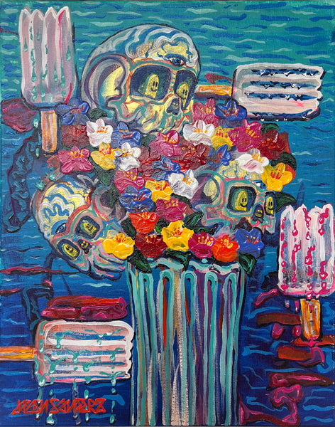 ‘Melting’ 16x20” Acrylic Skull and Floral Painting