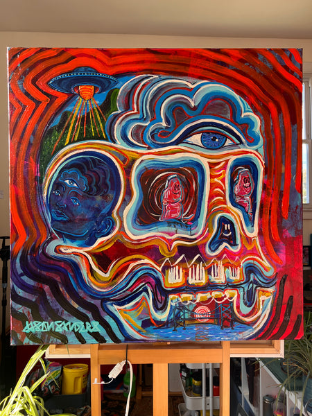 ‘Two Thumbs Up’ 36x36” Icon Series Skull Painting.