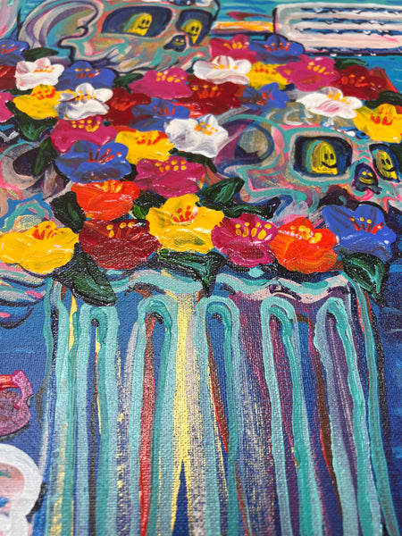 ‘Melting’ 16x20” Acrylic Skull and Floral Painting