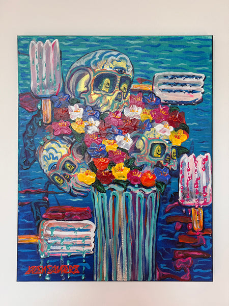 ‘Melting’ 16x20” Acrylic Skull and Floral Painting