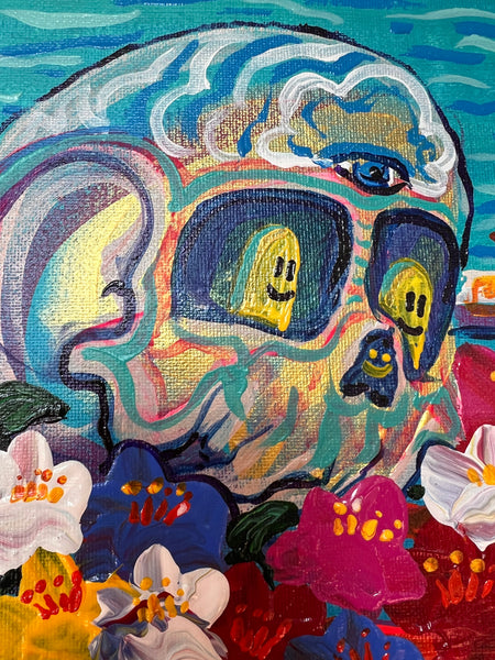 ‘Melting’ 16x20” Acrylic Skull and Floral Painting