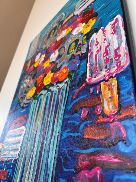 ‘Melting’ 16x20” Acrylic Skull and Floral Painting