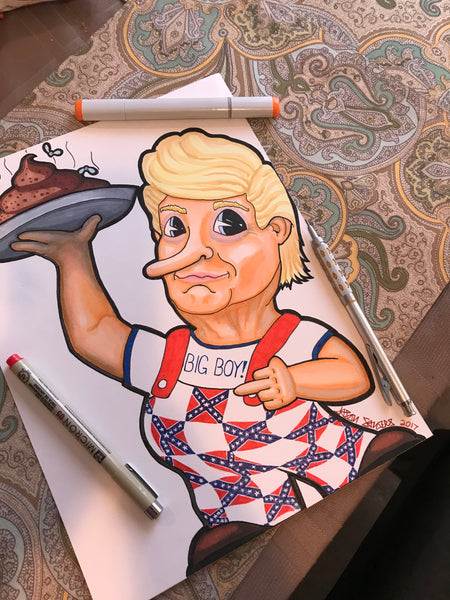 This painting features Donald Trump as a shit slinging ‘BIG BOY!’. This 9x12” original painting is mixed media on bristol paper. Artwork shown with items for scale.