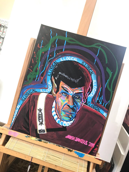 Original painting featuring Spock from Star Trek. Acrylic painting on 16x20 stretched canvas.  Artwork shown on my easel in my art studio.
