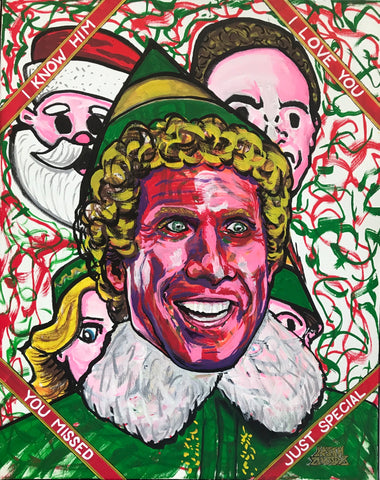 Original acrylic portrait of Will Farrell as Buddy The Elf, from the movie ELF.  Painting is acrylic on 16x20 stretched canvas.