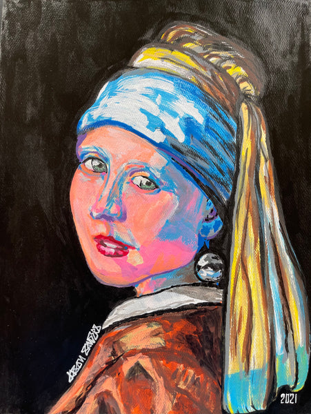 ‘GIRL WITH A PEARL EARRING’ 9x12” Framed Mixed Media Painting On Watercolor Paper
