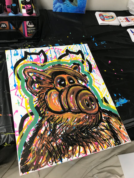 This portrait features ALF, aka Gordon Shumway and is titled 'I KILL ME'. This is an acrylic painting on a 16x20 stretched canvas.  Shown partially completed on my drawing table.