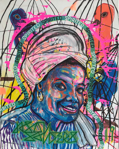 This portrait features legendary poet, Maya Angelou and is titled ‘SPIRITED’.  This painting is acrylic on a 16x20” stretched canvas.