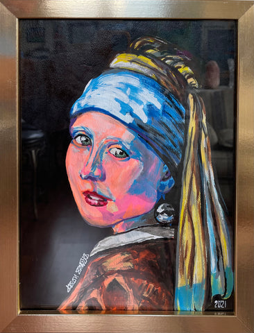 ‘GIRL WITH A PEARL EARRING’ 9x12” Framed Mixed Media Painting On Watercolor Paper