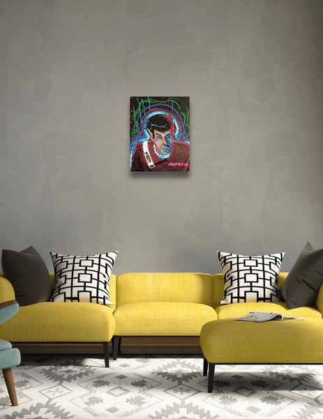Original painting featuring Spock from Star Trek. Acrylic painting on 16x20 stretched canvas. Shown hanging on a wall.