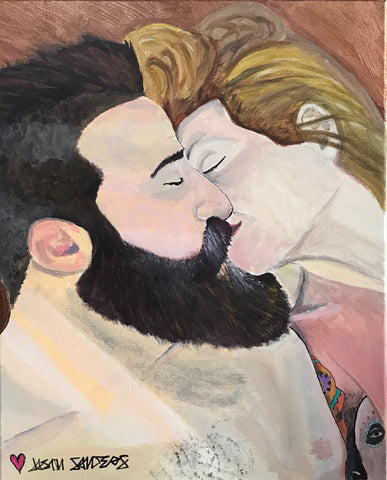 'THE KISS' original acrylic painting on 16x20" stretched canvas.  This artwork features a romantic kiss.