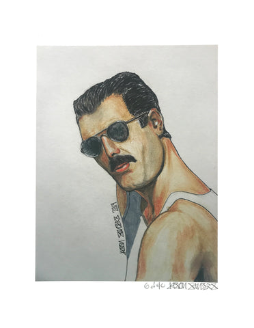 'FREDDIE MERCURY' giclee print. This fine art print is made with archival quality pigments and 190 weight paper and comes in both 8.5x11" and 4x6" editions (8.5x11 artwork shown here), each signed and numbered and limited to 40.
