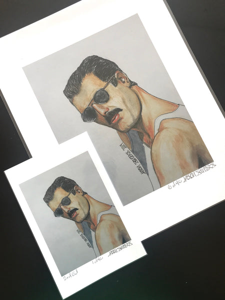 'FREDDIE MERCURY' giclee print. This fine art print is made with archival quality pigments and 190 weight paper and comes in both 8.5x11" and 4x6" editions, each signed and numbered and limited to 40.  Both sizes shown here.