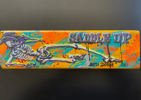 *ORIGINAL SOLD* - ‘SADDLE UP’ 3.5x12” Mixed Media Skeleton Painting