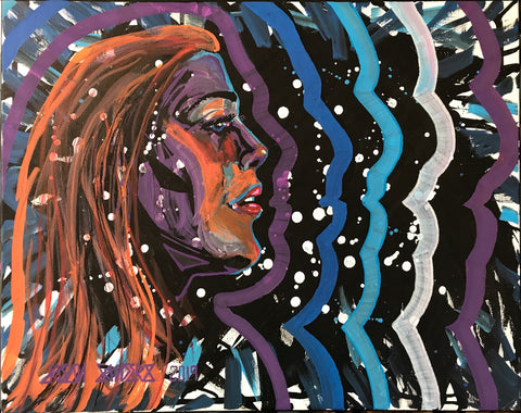 This portrait features pop star, singer songwriter, recording artist Maggie Rogers and is entitled ‘LIGHT ON’.  This original painting is acrylic on a 20x16” stretched canvas.