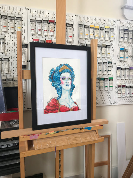 'PUNK MARIE ANTOINETTE' original painting. This original portrait is 9x12" acrylic on bristol. The painting is beautifully framed and matted.  Artwork shown on my easel in my art studio.