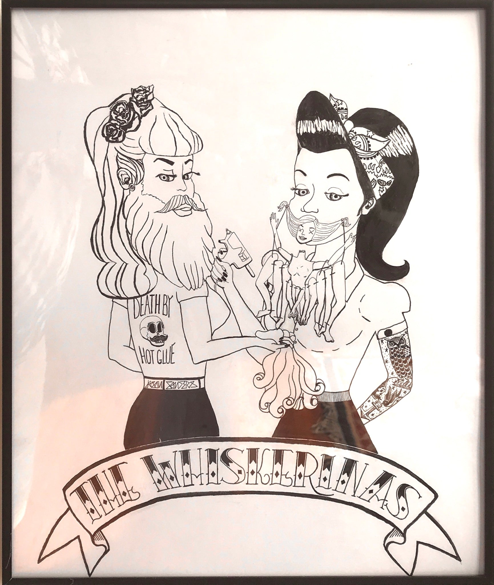 'THE WHISKERINAS' - Original pen and ink illustration featuring fake beards in the creative and realistic categories.  This original black and white drawing is 11x14" and comes smartly framed and ready to hang.