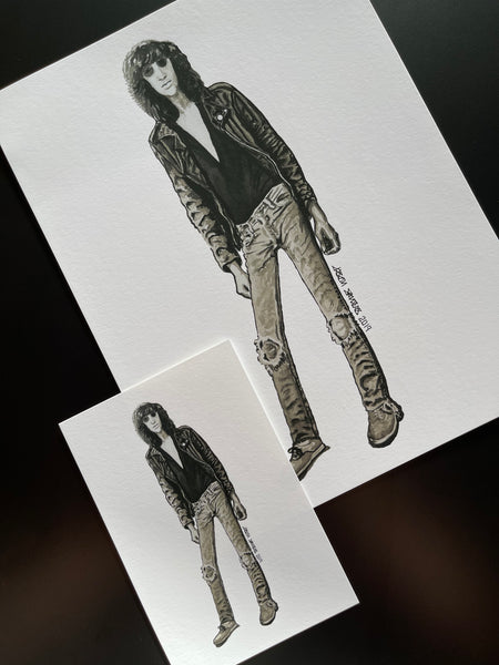 'JOEY RAMONE' giclee print. This fine art print is made with archival quality pigments and 190 weight Moab Entrada paper and comes in both 8.5x11 and 4x6 sizes.  Both size prints shown on a black background.