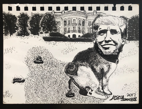 This pen and ink drawing features a doglike Donald Trump desecrating the white house lawn. This original black and white illustration is 8.25x5.75" and is ready to frame.