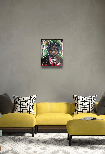This portrait features Samuel L. Jackson’s character Jules Winnfield from the movie ‘PULP FICTION’. This original acrylic painting is on a 16x20” stretched canvas. Artwork shown hanging on a wall.