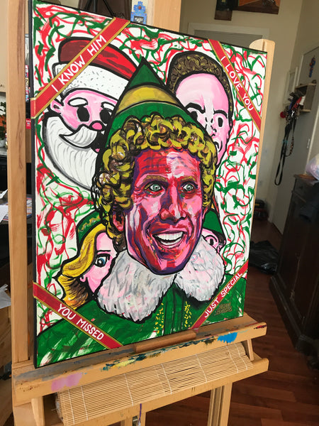 Original acrylic portrait of Will Farrell as Buddy The Elf, from the movie ELF. Painting is acrylic on 16x20 stretched canvas.  Artwork shown on my easel in my art studio.