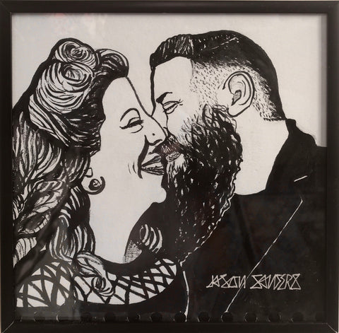 'THE KISS 2' - Pen and ink romantic illustration.  This original pen and ink drawing is 7x7", handsomely framed, and ready to hang on your wall.