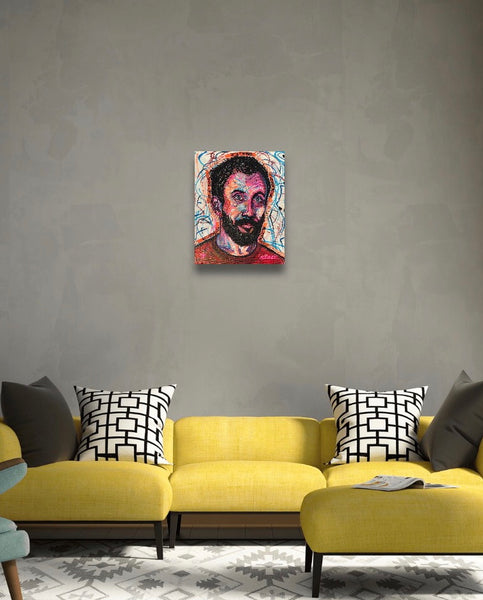 This portrait features Joe Talbot of the band Idles and is titled ‘REDEFINING’. This original painting is acrylic on 16x20” stretched canvas. Painting shown hanging on a wall.