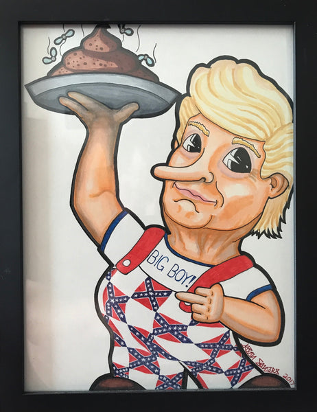 This painting features Donald Trump as a shit slinging ‘BIG BOY!’. This 9x12” original painting is mixed media on paper. This painting is elegantly framed for your enjoyment.