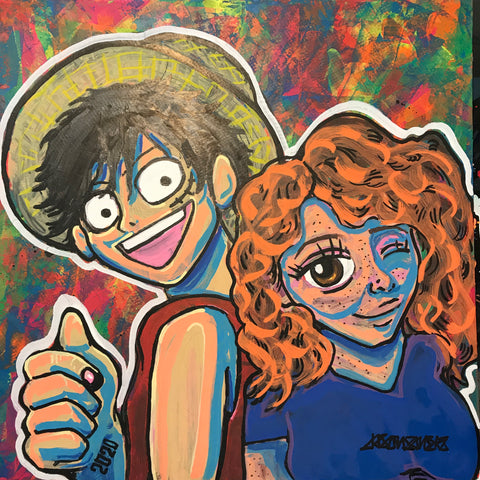 *ORIGINAL SOLD - PRINTS AVAIL* 'LUFFY AND LILY' 16X16" Acrylic Painting Featuring Lily and Luffy From One Piece