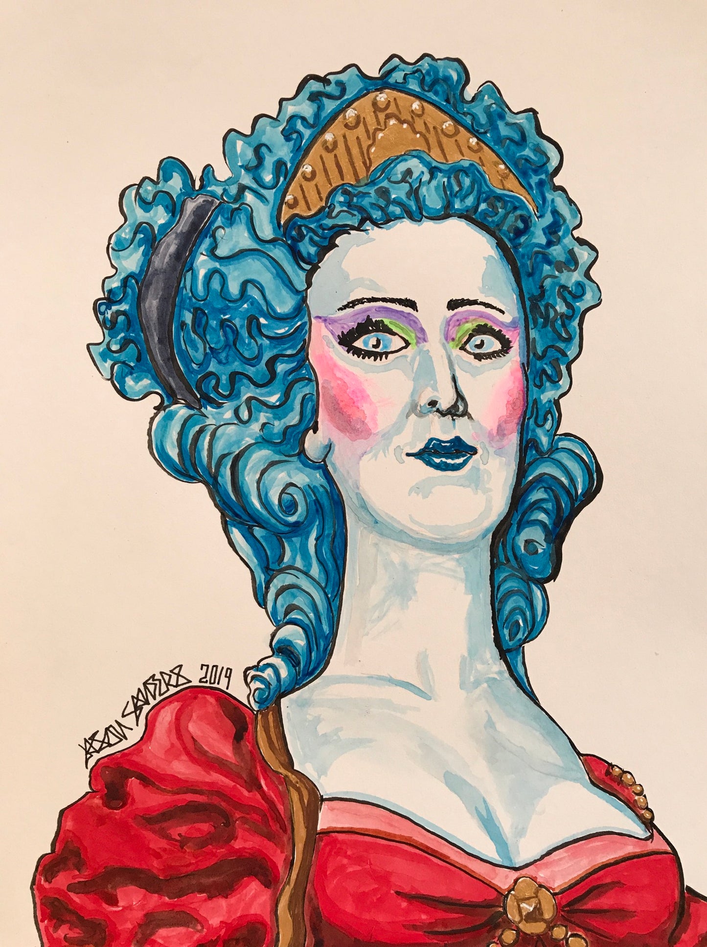 'PUNK MARIE ANTOINETTE' original painting.  This original portrait is 9x12" acrylic on bristol.
