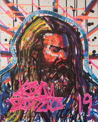 This portrait features Timothy Showalter of the band Strand of Oaks and is titled ‘SEARCHING’.  Some people have said that they think this is a painting of Jesus, or Rob Zombie, but it’s not.  This original painting is acrylic on 16x20” stretched canvas.