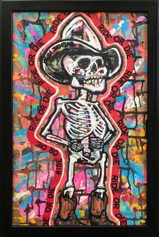 'RIDE OR DIE' Original painting. This original painting is acrylic on cardboard.  This outsider artwork is 11x17", but 12x18" including the frame.