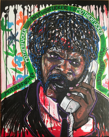 This portrait features Samuel L. Jackson’s character Jules Winnfield from the movie ‘PULP FICTION’. This original acrylic painting is on a 16x20” stretched canvas.