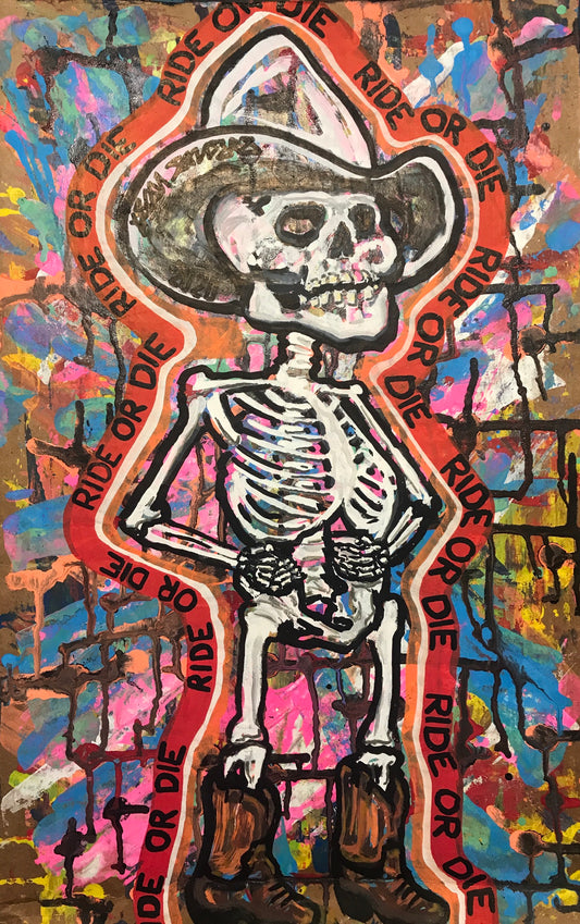 'RIDE OR DIE' Original painting.  This original outsider art painting is acrylic on cardboard and measures 11x17 before being framed.