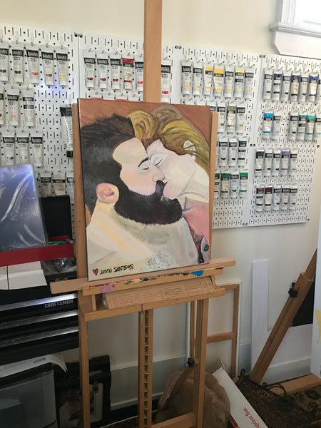 'THE KISS' original acrylic painting on 16x20" stretched canvas. This artwork features a romantic kiss.  Painting shown on my easel in my Art Studio.