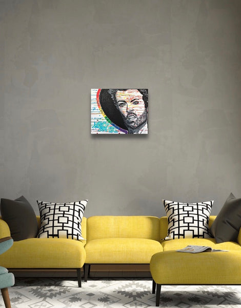 This portrait features George Michael and was inspired by the music video for 'MONKEY'. This painting is 20x16" on a stretched canvas. Shown hanging on a wall.