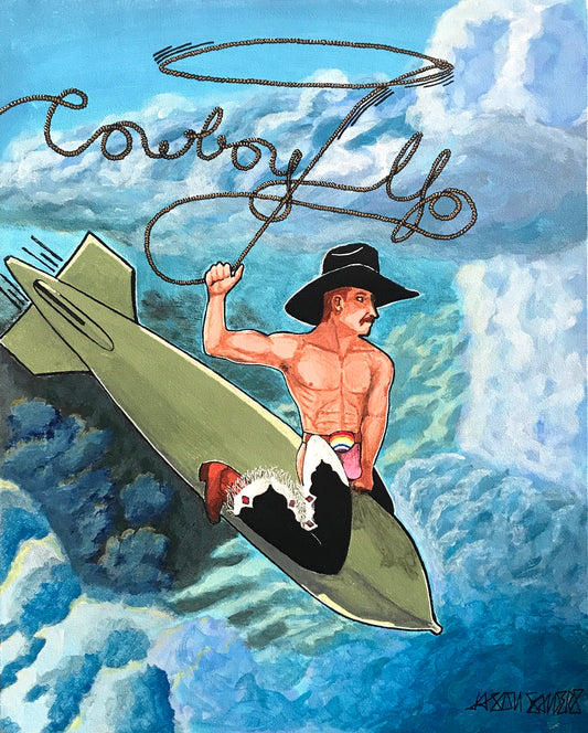 'COWBOY UP' original acrylic painting on 16x20" stretched canvas.  This art features a gay cowboy riding a falling bomb through the sky, his trailing lasso making the title: 'COWBOY UP'.