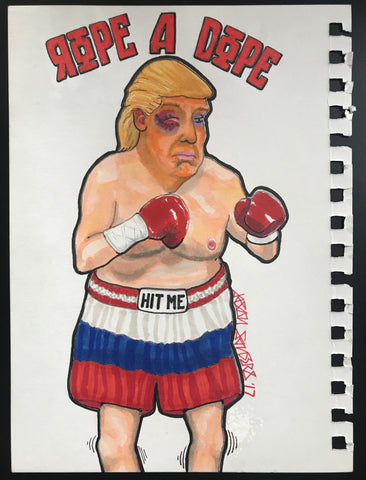 'ROPE A DOPE'  This painting features Donald Trump as a battered Russian fighter. This 5.75x8.25” original mixed media painting on paper is now available to purchase.