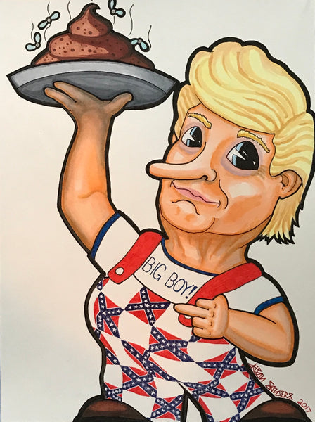This painting features Donald Trump as a shit slinging ‘BIG BOY!’. This 9x12” original painting is mixed media on bristol paper.