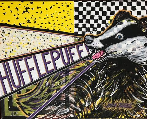 'HUFFLEPUFF 2' original acrylic painting on 20x16" stretched canvas.  This art features House Hufflepuff from Harry Potter.