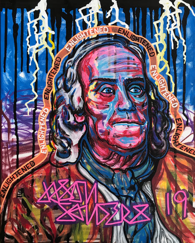 Original Acrylic Painting entitled "ENLIGHTENED" features a portrait of Benjamin Franklin. Acrylic Painting on 16x20 stretched canvas.